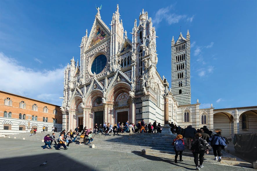 Italien, Toskana, Siena, Dom von Siena, Cattedrale di Santa Maria Assunta, gotische Architektur, Marmor, Aussen: weiss und gruen,