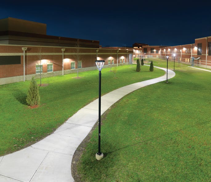 Bowsher High School in Toledo, Ohio&rsquo;s walkway is illuminated with DLC&rsquo;s LUNA QPL-certified XSPW series wall mount outdoor luminaires from Cree.