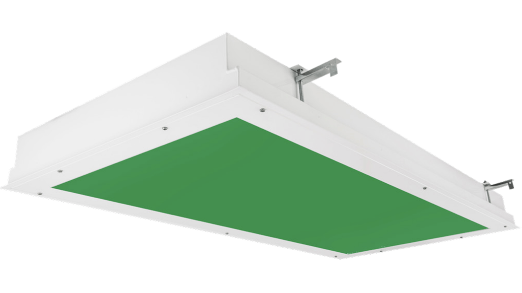 The LEDs in this green light fixture emit a peak wavelength of 540 nanometers and distribute the green light through a clear lens. Light from this type of solution offers a more saturated green hue than a fixture deploying white light sources behind a green lens.
