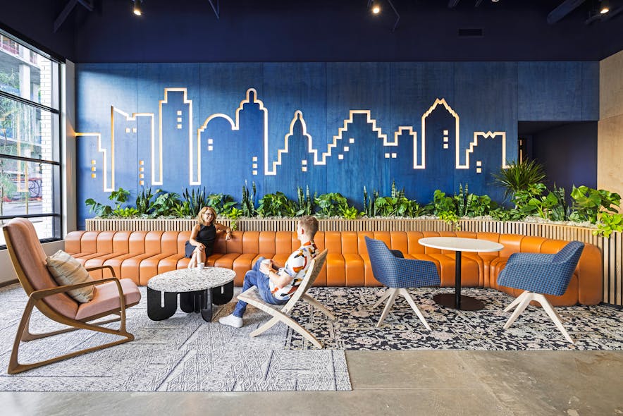 Inspired by an Atlassian employee&rsquo;s Austin City Limits sign, the Mithun team created an Austin skyline with LED strip lighting for the ground-floor coffee shop.