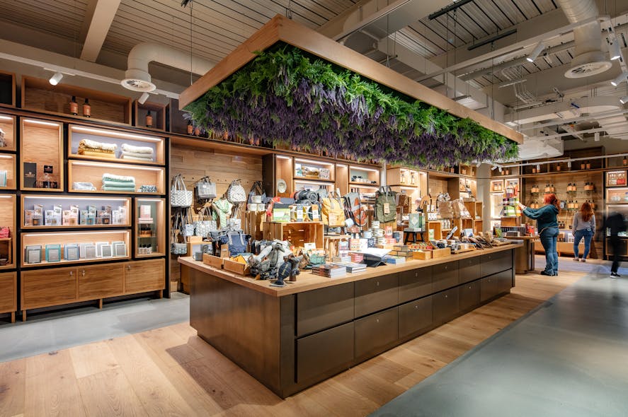Retail lighting supports easy navigation and highlights specialty products.