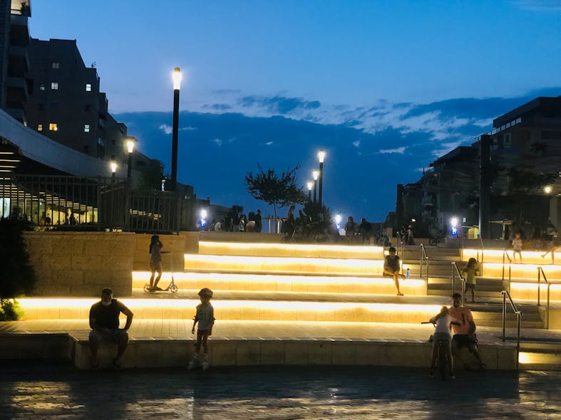 Plaza: LED strips embedded in the amphitheater steps create a &ldquo;focal glow&rdquo; at this Tzur Itzhak plaza in central Israel.