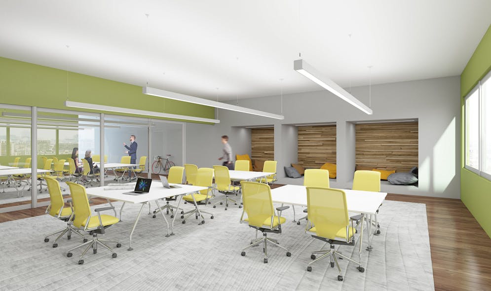 A rendering of a classroom equipped with Metalux Cruze ST lighting and its latch-less design to provide a clean look.