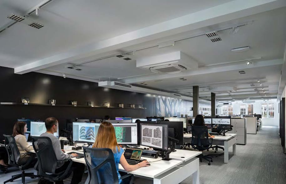 Adjustable track luminaires illuminate areas with little access to natural light.